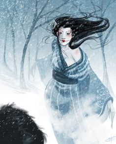 a painting of a woman walking in the snow next to a black dog with long hair