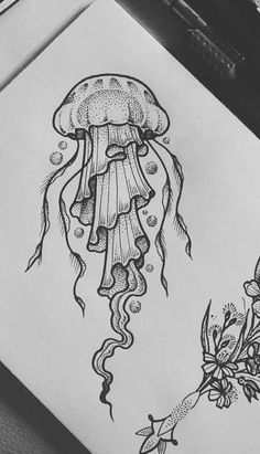 an ink drawing of a jellyfish and flowers