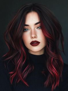 Black And Red Hair Color Ideas, Black And Orange Balayage, Burgundy Hair Shadow Root, Short Black Hair With Copper Highlights, Black With Red Money Piece, Dark Hair For Green Eyes, Black To Color Ombre Hair, Villain Era Hair, Bright Red And Brown Hair