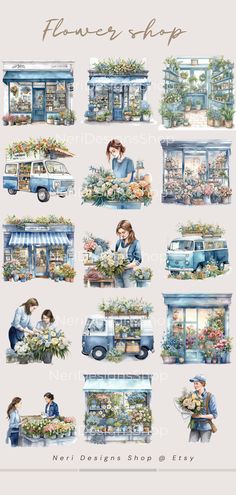 the flower shop is depicted in this watercolor painting style, and it has many different flowers