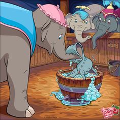 two elephants are playing in an elephant bathtub