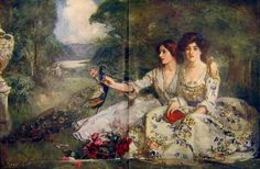 two women sitting in the grass with a peacock