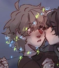 two anime characters kissing each other in front of a blue sky with green and yellow lights