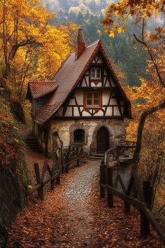 an old house in the woods with autumn leaves on the ground and trees around it