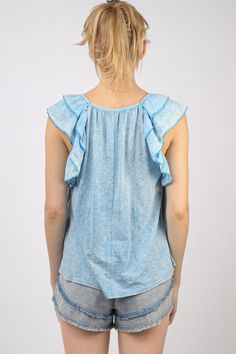 Introducing our latest addition, the Ruffled Washed Knit Blouse Top! Perfect for the lovely spring season, this sleeveless top features a round neck for a soft, feminine look. Ideal for a dinner out, this soft girlcore blouse adds a touch of fun and flair to any outfit. Fabric: 100% Rayon Trendy Flutter Sleeve Tops For Brunch, Feminine Cotton Scoop Neck Top, Casual Flutter Sleeve Top For Spring, Feminine Cotton Tops With Scoop Neck, Casual Ruffle Sleeve Tops For Spring, Cotton Tops With Ruffled Straps For Day Out, Chic Cotton Tops With Ruffled Straps, Casual Cotton Top With Ruffled Straps, Casual Summer Blouse With Ruffled Straps