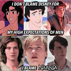 some disney characters with different expressions and sayings on their faces, one says i don't blame disney for my high expectations of men