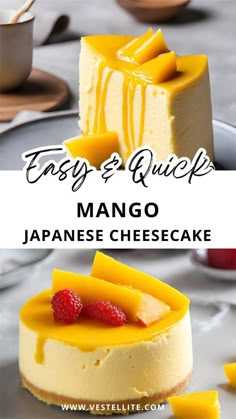 mango cheesecake with fresh raspberries on top and the text easy & quick mango cheesecake