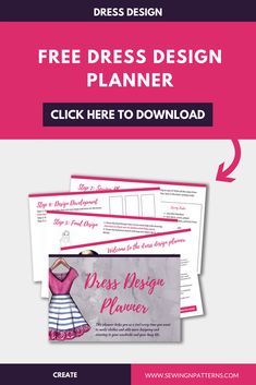 the dress design planner is shown on top of a pink background with text that reads, free