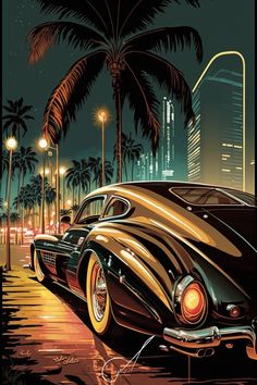 a painting of a car parked on the side of the road in front of palm trees