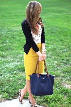 mustard skirt - flats Yellow Business Casual Outfits, Blue Pencil Skirt Outfit, Mustard Yellow Outfit, Comfy Work Outfit, Business Casual Skirt, White Polka Dot Shirt, Yellow Pencil Skirt, Skirt Diy, Professional Dress