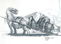 a drawing of a dinosaur pulling a large object