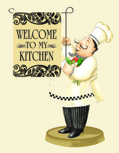 a chef holding a welcome sign with the words welcome to my kitchen