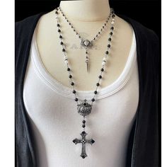 Embrace your confident, bold self with our Ebony and Ivory Beaded Rosary Necklace, a perfect example of rock n roll jewelry that breaks the mold. This isn't your grandma's rosary necklace - it's an onyx rosary necklace designed to stand out. Each bead has been carefully chosen and hand-wired to ensure its longevity. It's the ultimate rosary necklace for women seeking to express their individuality and rocker style. As the creator, I hand wire each bead link, skillfully using gemstone beads to ac Grunge Rosary Necklace, Silver Rosary Necklace, Rosary Necklace Aesthetic, Goth Rosary, Black Rosary Necklace, Black Rosary, Gothic Jewelry Diy, Ebony And Ivory, Rosary Style Necklace