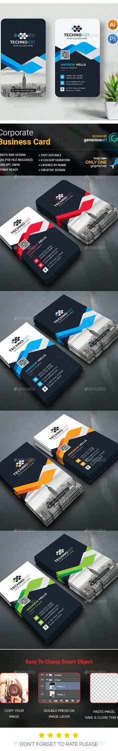 a series of photoshopped business cards with different colors and shapes, including an image of