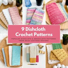 9 dishcloth crochet patterns with text overlay that reads, 9 dishcloth crochet patterns popular dishcloth and washcloth patterns from daisy cottage designs