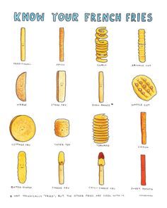 an illustrated poster with different types of french fries and their corresponding ingredients for each type of sandwich