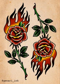 an old school tattoo design with flames and roses on the back of each rose,