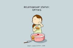 a cartoon girl eating cake with the caption saying,