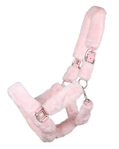 a pink harness with furry collars and leashes