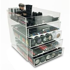 Need a fantastic way to store all your makeup? Do you find it impossible to find that lipstick or mascara in your drawers stuffed with piles of cosmetics? Our new Tiered Cosmetic Organizer neatly stores all your makeup in one simple and awesome design! Constructed of heavy duty clear acrylic, the 5 Tier Cosmetic Organizer features 4 pull out drawers each measuring 11.5" wide and 11.5" deep. The top four drawers have 2.25" height and the bottom drawer has 2.8" height. The top lever of the organiz Organization Station, Cosmetic Display, Makeup Organizer, Cosmetic Organizer, Drawer Organisers, Permanent Makeup, Makeup Storage, Still Water, Bathroom Organization