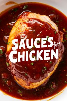 Saucy chicken breast covered in rich, dark red sauce with text overlay: "Sauces for Chicken". Chicken Sauces Ideas, Easy Chicken Sauce, Homemade Chicken Sauce, Easy Sauce For Chicken, Delicious Sauces