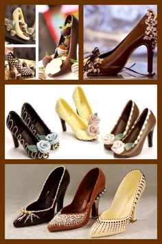 four different types of shoes with flowers on the heel and one is made out of chocolate