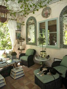 a living room filled with lots of furniture and plants on the wall next to windows