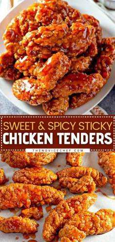 sweet and spicy chicken tenders on a white plate with text overlay that reads, sweet and spicy chicken tenders