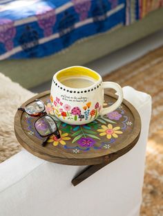 Clip On Sofa Tray Table - Folk Flower-view 1 Tea Tray Table, Small Tea Tables, Boho Painted Furniture Dining Room, Hand Painted Sunflower Table, Small Colorful Table, Boho Little Table, Tea Table Tray, Rosemaled Furniture, Sofa Tray Table