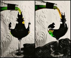 two wine glasses with green and yellow liquid pouring out of them, one in the shape of a bird