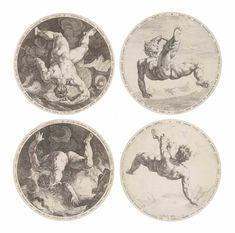 four plates with different designs on them, each depicting a man riding a horse and the other