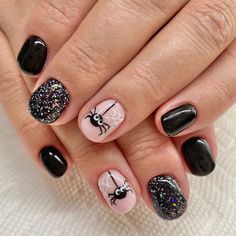 Halloween Short Dipped Nails, Non Traditional Halloween Nails, Halloween Mani Pedi, Black Gel Manicure Short, Black And Colorful Nails, Small Halloween Nails, Kids Halloween Nail Designs, October November Nails, Halloween Gel Nail Designs