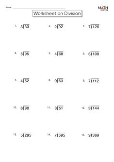 the worksheet for division is shown with numbers