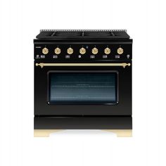 a black stove with gold trim and knobs on the front, against a white background