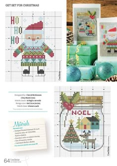 cross stitch patterns for christmas and other holiday items, including a santa clause ornament