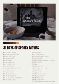 an advertisement for the movie 31 days of spooky movies with coffee cups and bowls