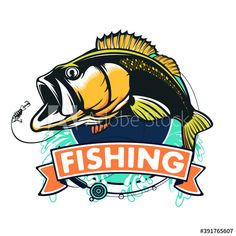 the emblem for fishing with a large fish on it's head and an orange ribbon around