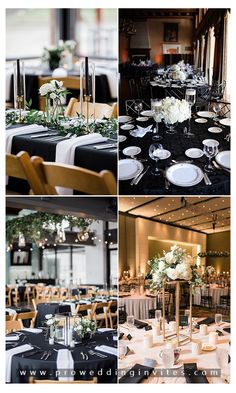 the tables are set with black and white linens