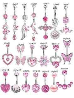 an assortment of pink and silver belly rings with hearts, flowers, butterflies, and pearls