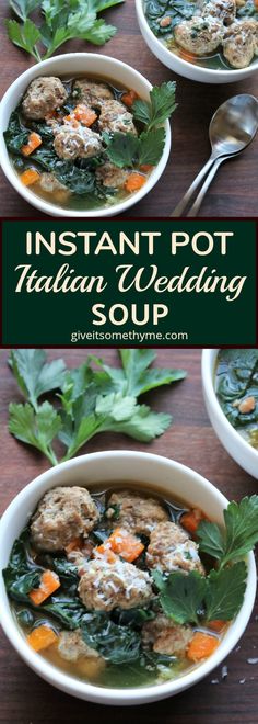 instant pot italian wedding soup with meatballs and spinach in a white bowl on a wooden table