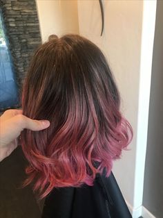 Brown Hair With Pink Tips Short Hair, Tip Hair Color Dip Dye, Short Hair With Pink Tips, Brown Roots Colored Hair, Dark Brown Hair With Pink Tips, Pink Peekaboo Highlights Short Hair, Pink Hair Dip Dye, Brown To Pink Ombre Hair Short, Pink Tips Short Hair