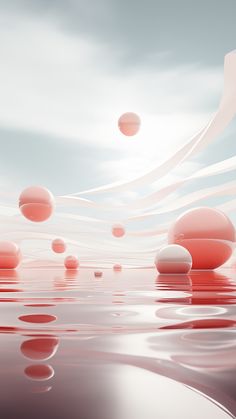 an abstract photo with red and white balls floating in the air over water, on a cloudy day