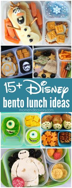 the lunch box is filled with different food items and has words that read, 15 + disney bento lunch ideas