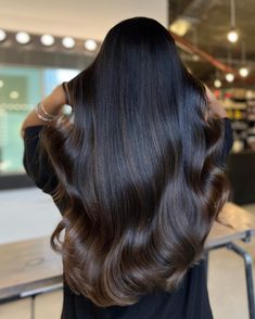 Black Hair With Warm Highlights, Dark Brown Highlights On Black Hair, Black Hair With Subtle Highlights, Black Hair With Brown Highlights, Hair Color Guide, Highlights Ideas, Black Hair Balayage, Hair With Highlights