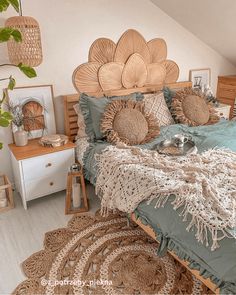 a bed room with a neatly made bed and rugs