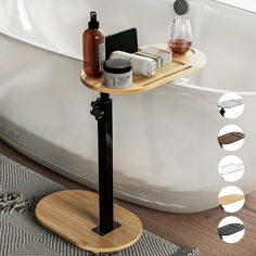 a bath tub with various items on it and some sort of stand in front of it