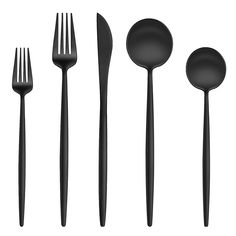 black utensils and spoons are arranged in a row on a white background