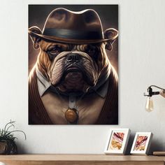 a dog with a hat and tie on it's head in front of a wall