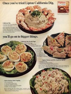 an advertisement for california fried salmon dip with pictures of deviled eggs and other foods