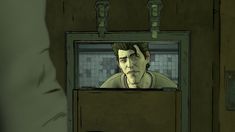 a man looking out the window of a room in an animated style, with his head sticking out